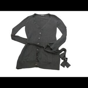 George Womens Size L Black Cardigan Sweater Buttons Pockets Belt Long Sleeve